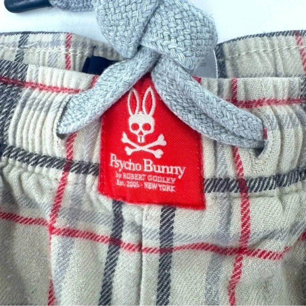 Psycho Bunny Mens Plaid Flannel Pajama Lounge Pants XL Cream‎ Navy Red Logo